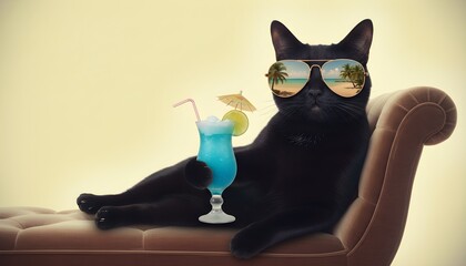 A cat model wearing sunglasses on a bright background