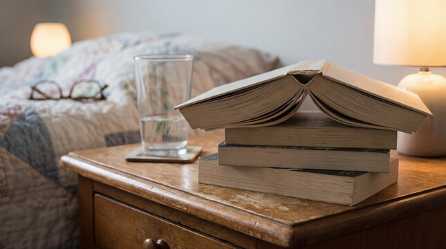 Bedside table book stack lamp cozy lived spaces unmade comfort Bedside table with cozy lived spaces unmade comfort mood and stack of book near