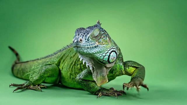 A large green iguana with a smaller iguana on its back, captured from a slight side angle.