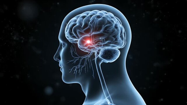 Human Brain Anatomy Animation Highlighting Pituitary Gland Tumor on Dark Background for Medical Visualization