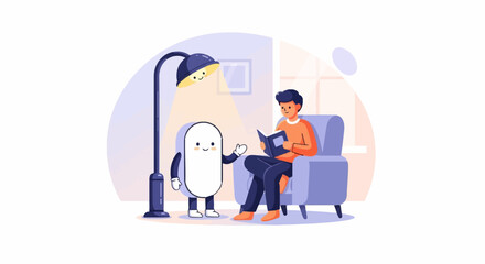 Anthropomorphic lamp character illuminates person reading in a chair