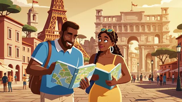 Happy Black couple with map on European city vacation
