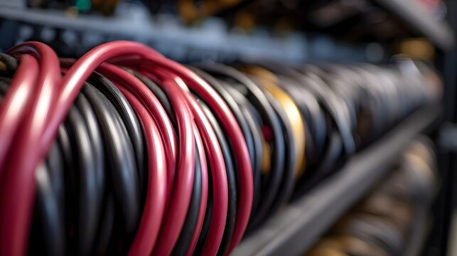 Neatly coiled red and black electrical cables stored on shelves in a technological or industrial environment