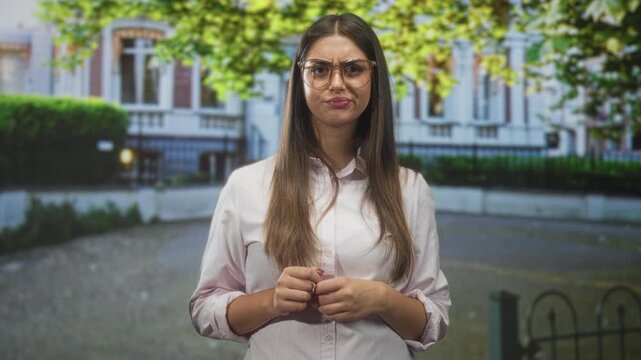 Woman with glasses clasps hands and fidgets fingers while standing before a leafy urban building on a quiet street; uncertainty thoughtful reflection.