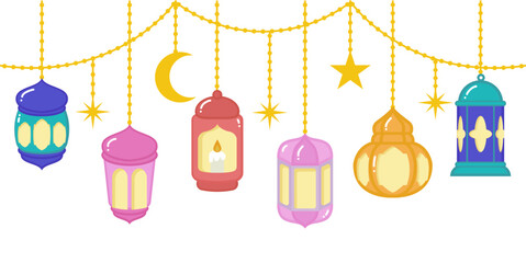 Ramadan Kareem decorative hanging lanterns with crescent moon and stars 
