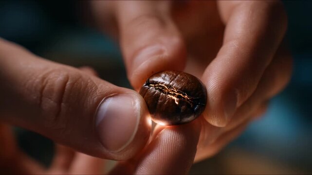 Exploring the Unique Characteristics of a Coffee Bean as a Hand Holds and Examines Its Intricate Surface Details in Two Captivating Frames