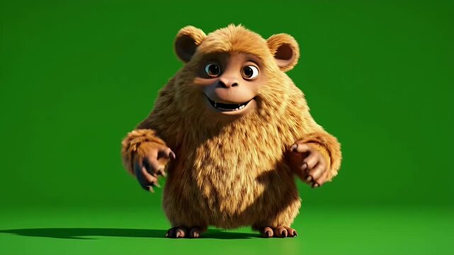 Cute animated furry brown monkey-like character with big eyes, standing on a vibrant green screen background.