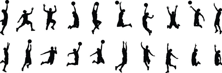 Collection basketball player silhouettes showing jump shots, slam dunks, athletic action poses isolated background for sports design and fitness concept © Frd Art