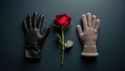 Gloves and a Rose. A black glove, a gray glove, and a red rose arranged artistically on a dark surface.