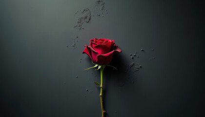 Red Rose on Dark Surface. A single red rose placed on a dark textured surface with scattered particles around it.