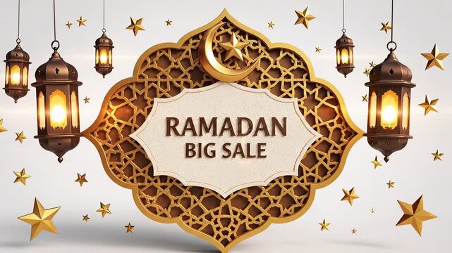 Ramadan Big Sale text centered in a golden Islamic pattern frame with hanging lanterns and falling gold stars on a white background