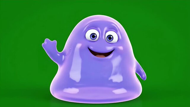 Cute animated purple blob monster character with big eyes and a friendly smile, on a vibrant green screen background.