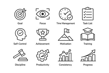 Fototapeta premium Goal setting and achievement icons: focus, time management, task list, motivation, productivity