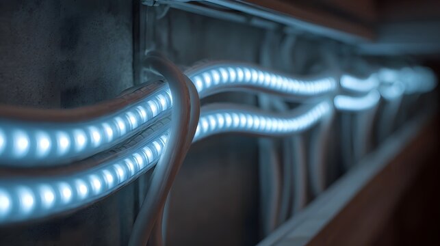 Close up view of luminous blue LED light tubes arranged in wavy lines emitting a soft futuristic glow within a modern technical installation