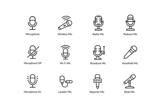 Microphone icons collection: wireless, podcast, broadcast, and more