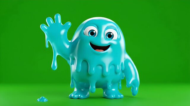 Cute blue slime monster character melting and smiling on a vibrant green screen background, perfect for animation and graphic design projects.