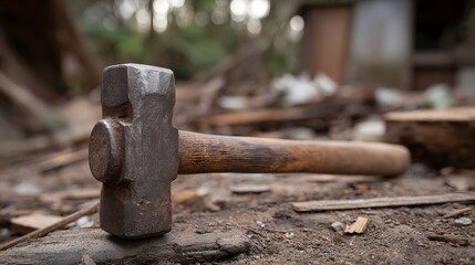 A weathered rusty sledgehammer with a wooden handle lies on discarded wood and debris in an outdoor setting