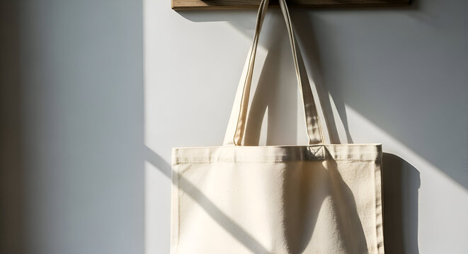 A light colored canvas tote bag with a subtle pattern hangs on a wooden hook against a light blue wall illuminated by dramatic sunlight creating strong shadows