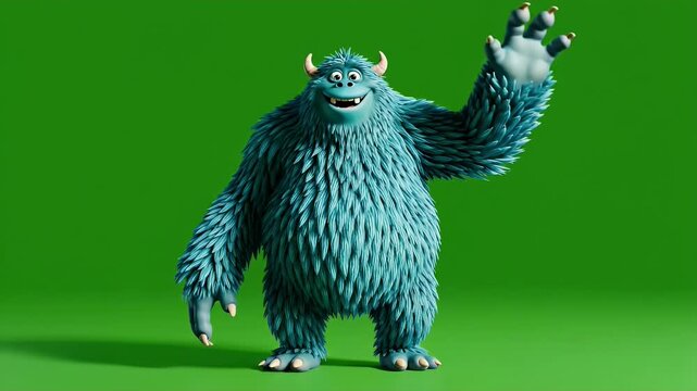 Large furry blue monster character with horns smiling widely on a vibrant green screen background, suitable for children's fantasy.