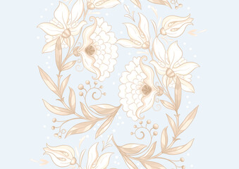 Fantasy flowers in retro, vintage, jacobean embroidery style. Seamless pattern, background. Vector illustration. © Elen  Lane