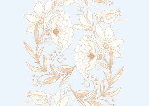 Fantasy flowers in retro, vintage, jacobean embroidery style. Seamless pattern, background. Vector illustration.