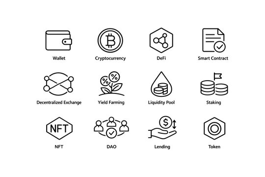 Cryptocurrency icons: wallet, defi, smart contracts, nft, dao