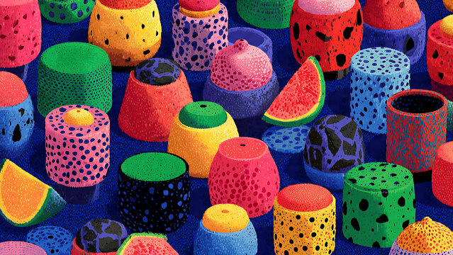 Assorted colorful cylindrical objects and fruit slices on blue surface viewed from above