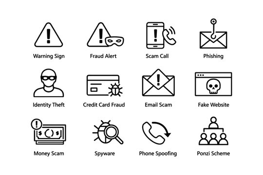 Fraud prevention icons: warning sign, scam call, phishing, identity theft, spyware