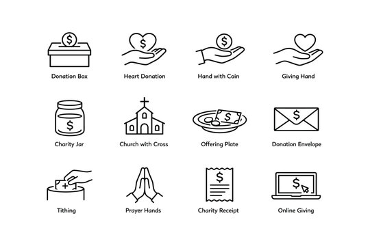 Charity and donation icons including box, heart, coin, church, envelope, and online giving