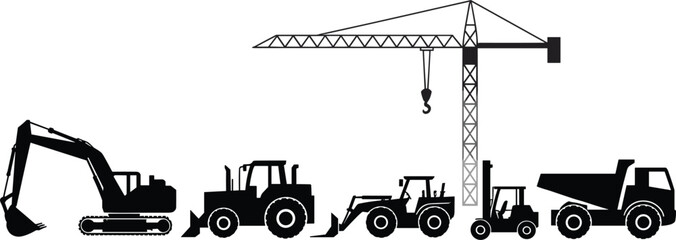 Collection of construction vehicles including excavator, tractors, and crane machinery © MdShahin