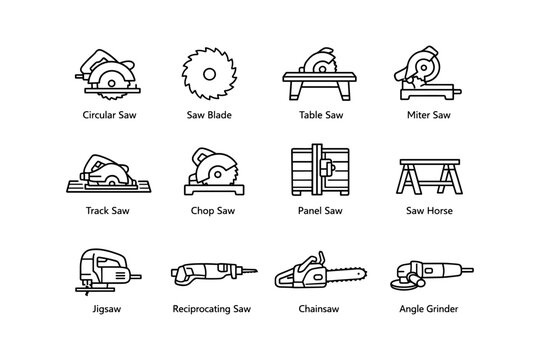 Set of various saw tools and equipment icons