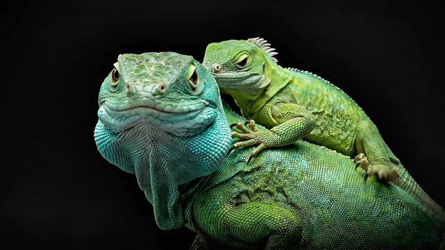 Two green iguanas resting together on a dark background viewed from a close-up perspective.