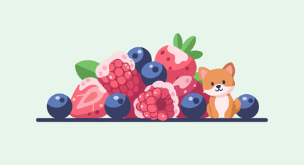 Obraz premium A cute, small dog sits beside a pile of fresh, colorful berries