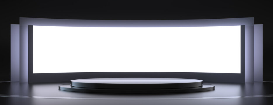 A sleek 3D futuristic stage featuring a large curved white screen and a glossy circular podium illuminated with pink neon light.