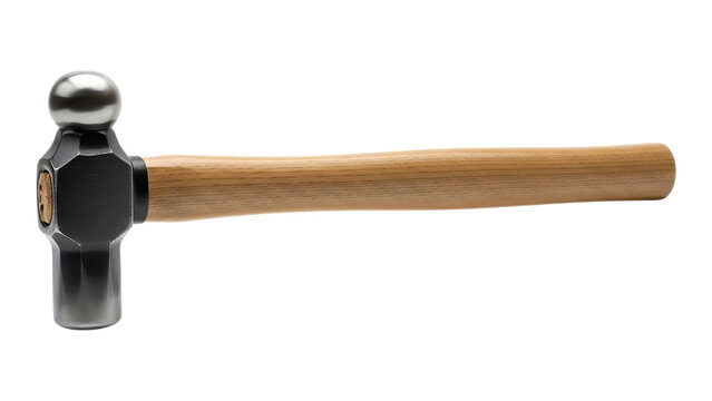 Ball peen hammer with a wooden handle and metal head perfectly captured on a white background