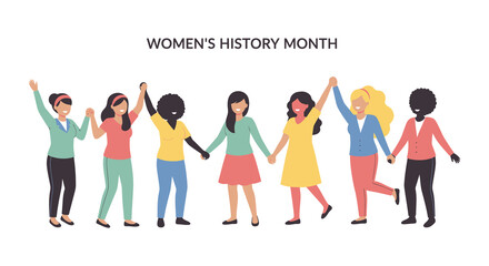 Obraz premium Womens history month celebration with diverse group of women holding hands isolated on transparent background