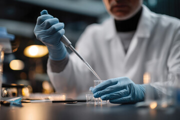Fototapeta premium A scientist uses a pipette in a laboratory setting, representing the careful and skilled work involved in scientific measurement and research processes.