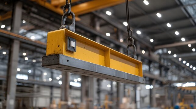 A yellow industrial electromagnet beam suspended by chains from an overhead crane inside a brightly lit factory