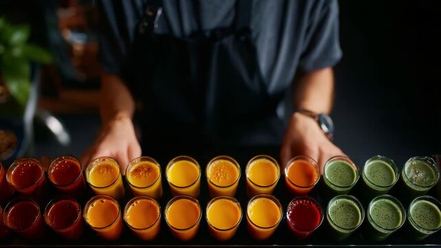 A Vibrant Display of Colorful Juices: Exploring a Variety of Refreshing Flavors in Shot Glasses, Highlighting Healthy Ingredients and Creative Beverage Presentation