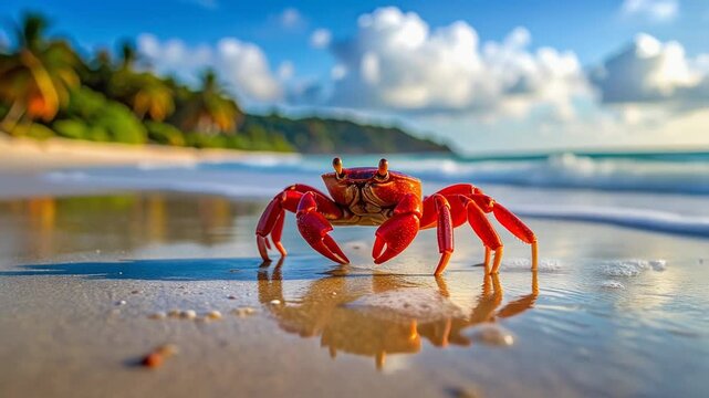 浅瀬の砂浜に佇む赤いカニが海と空を背景に映える情景
