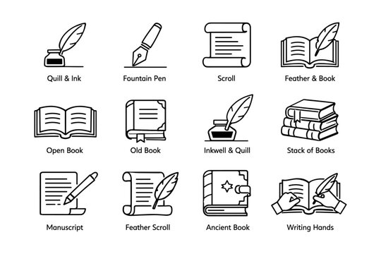 Collection of quill pen and book icons: fountain, scroll, feather, and writing tools