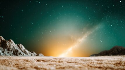 A vast cosmic landscape depicting a breathtaking view at dawn, with twinkling stars and an orange hue merging with tranquility, evoking a sense of wonder and exploration.
