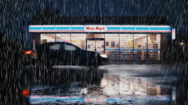 Wide shot of a mini-mart exterior at night during heavy rain with vibrant reflections on wet ground, showcasing urban night life.