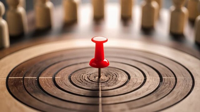 中心に赤いピンが立つ円形配置が選択と集中を象徴する構図