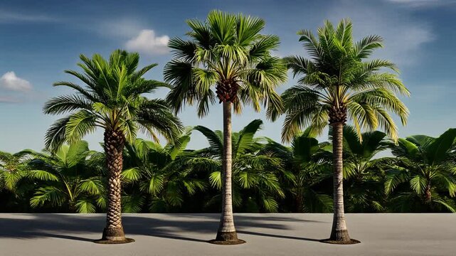 白背景に並ぶ背の高いヤシの木が南国の雰囲気を演出