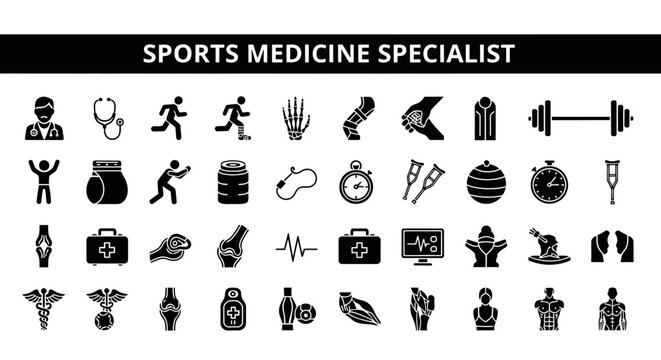 Sports Medicine Specialist Icon Set Healthcare, Fitness, and Rehabilitation Concepts
