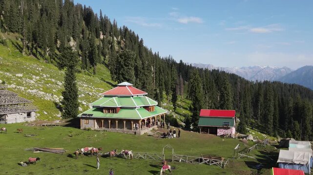 An aerial shot of Jaaz Banda Meadows, located above Kumrat Valley in Pakistan - 4K Drone Video, Aerial Shot, Clip