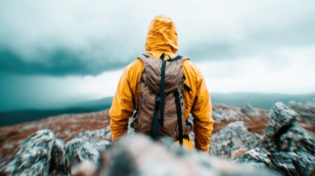A solitary hiker in a bright yellow rain jacket stands atop rocky terrain, gazing into a dramatic cloud-filled horizon, embodying adventure and perseverance against nature's challenges.