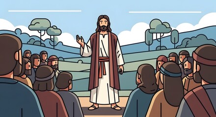 Jesus Teaching Followers in a Scenic Landscape