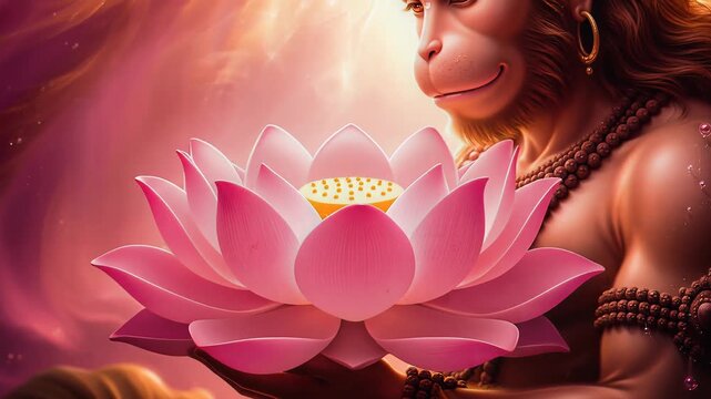 Celebrating Hanuman Jayanti with serene lotus and divine presence in mystical surroundings